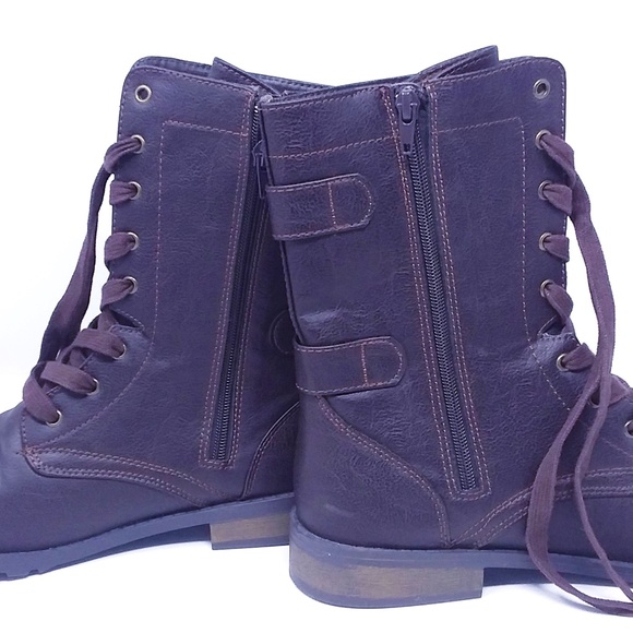 Women' s Brown Lace Up Zip Up Double Buckle Combat Boots - Picture 11 of 13